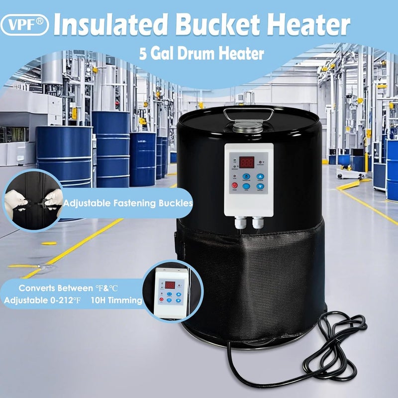 VPF 5 Gallon Bucket Heater Pro Kit - 800W 120V Drum Heating Blanket with 0-212℉ Adjustable Thermostat & 24H Timer, FCC/UL Certified Insulated Metal Barrel Heater for Propane Tanks, Industrial Barrels - Image 4